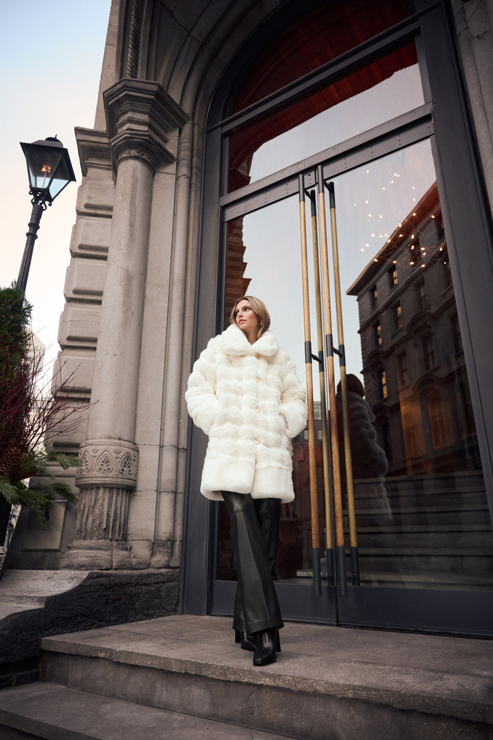 Textured Faux Fur Funnel-Neck Reversible Coat Style 263920