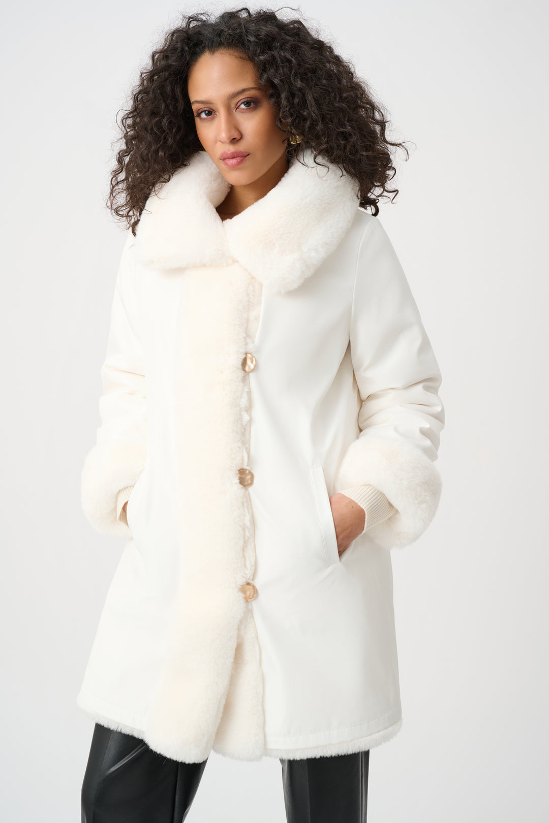 Textured Faux Fur Funnel-Neck Reversible Coat Style 263920
