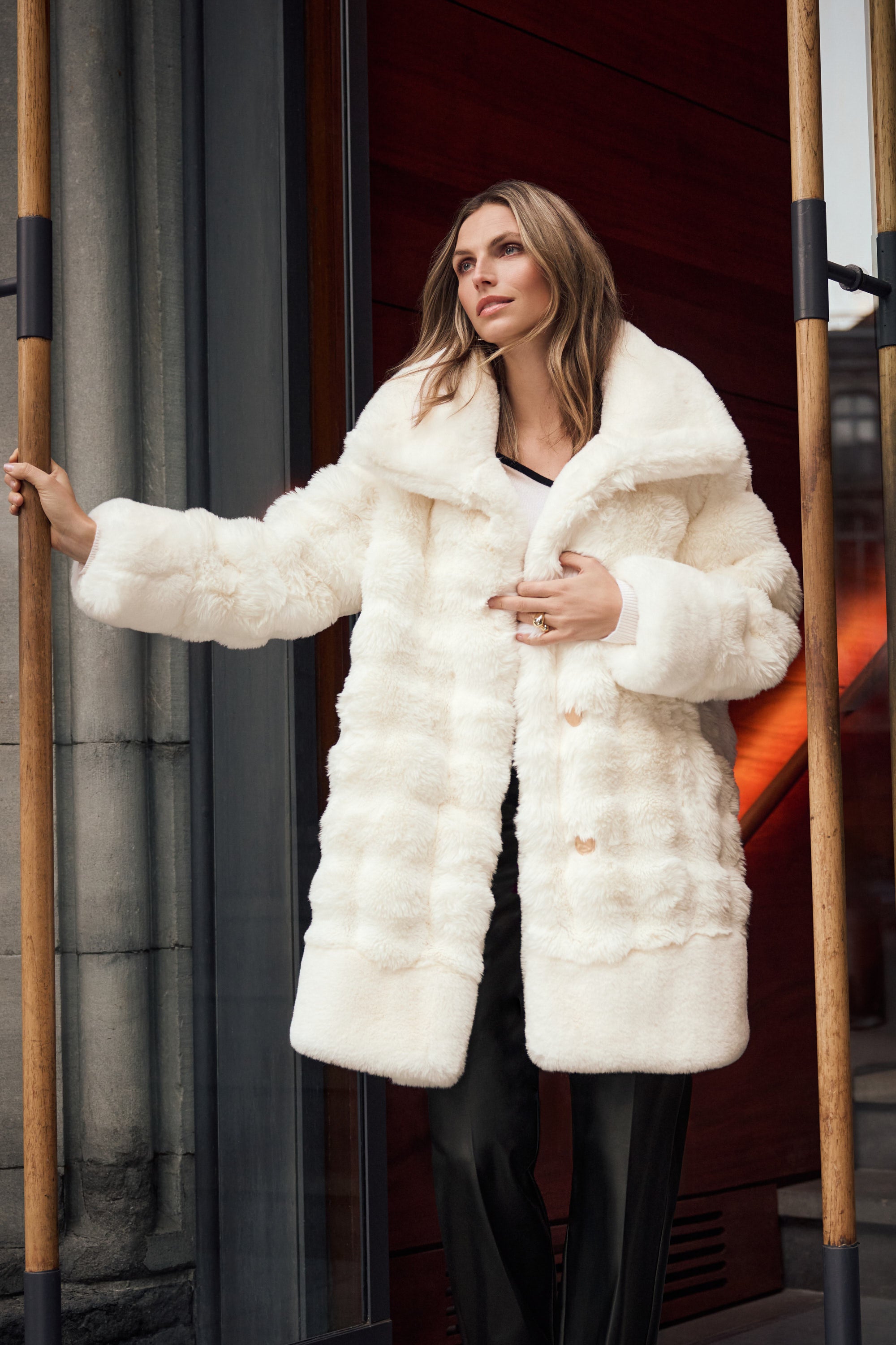 Joseph Ribkoff Textured Faux Fur Funnel-Neck Reversible Coat Style