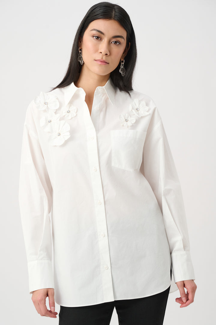 Cotton Poplin Blouse With 3D Flower and Rhinestone Detail Style 263924