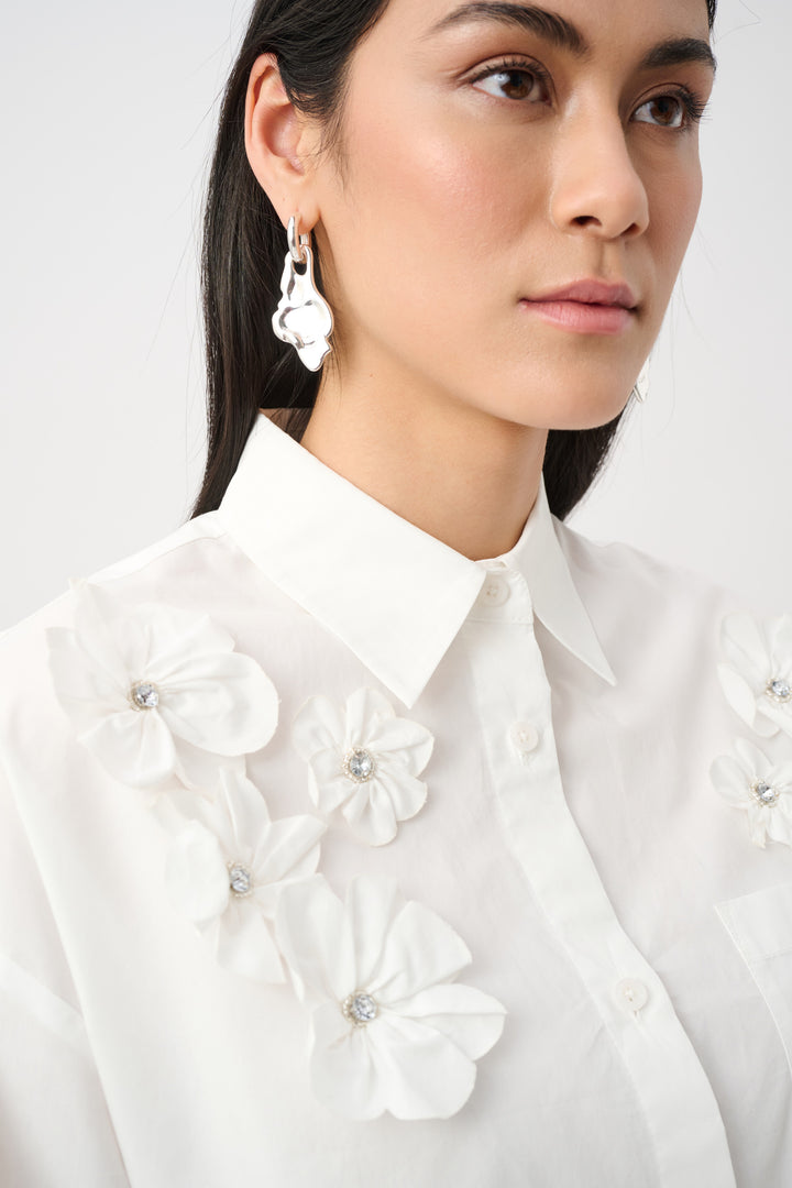 Cotton Poplin Blouse With 3D Flower and Rhinestone Detail Style 263924
