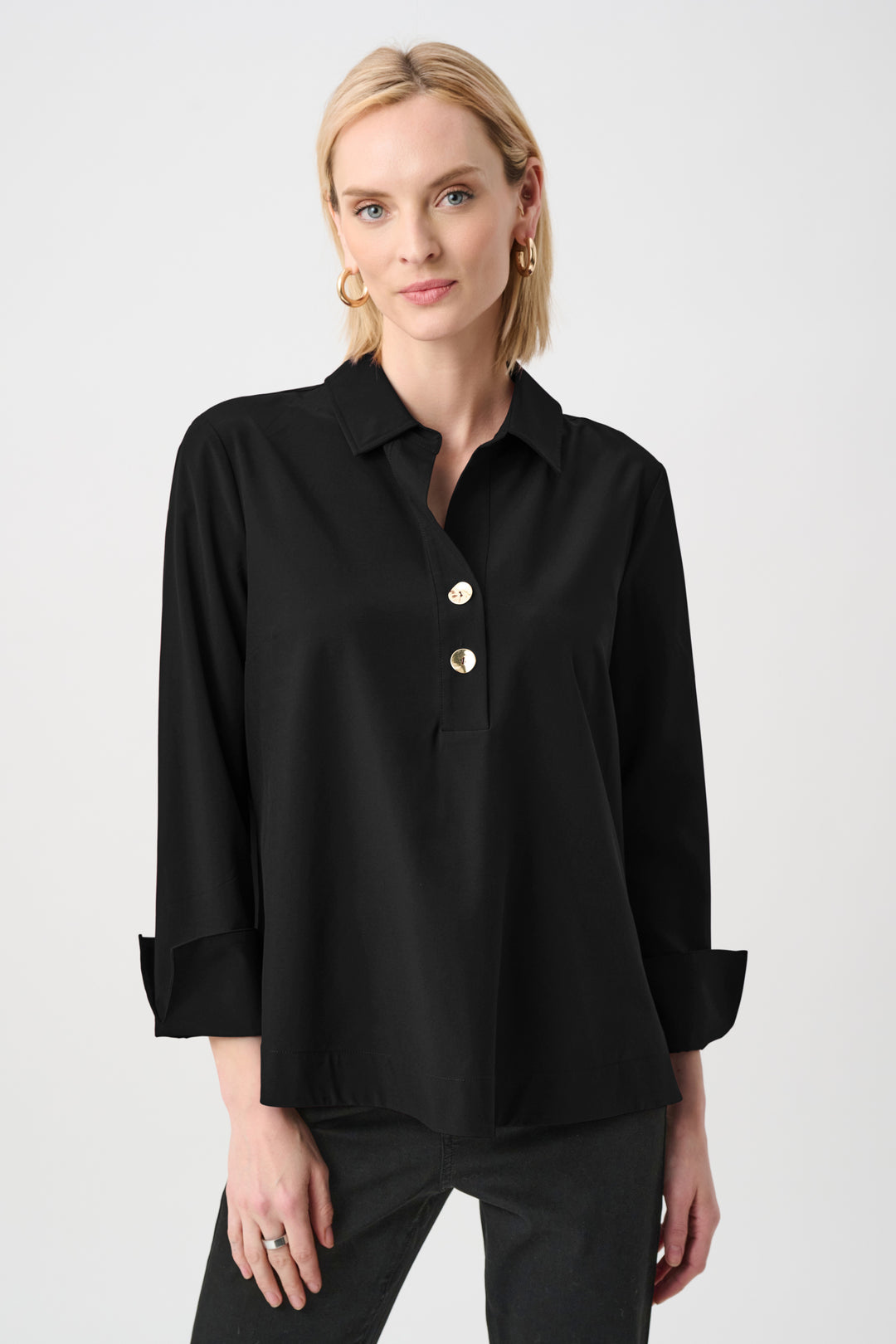 Stretch Poplin Shirt-Collar Boxy Top Style 263928