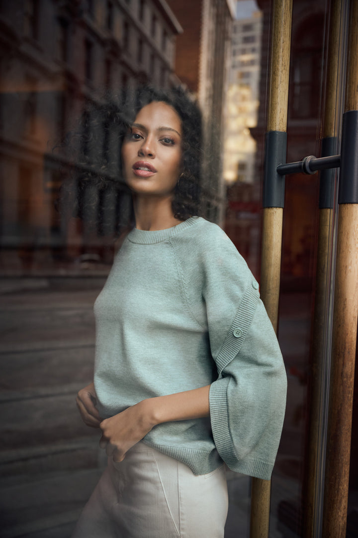 Brushed Viscose And Nylon Knit Tulip Sleeve Sweater Style 263935