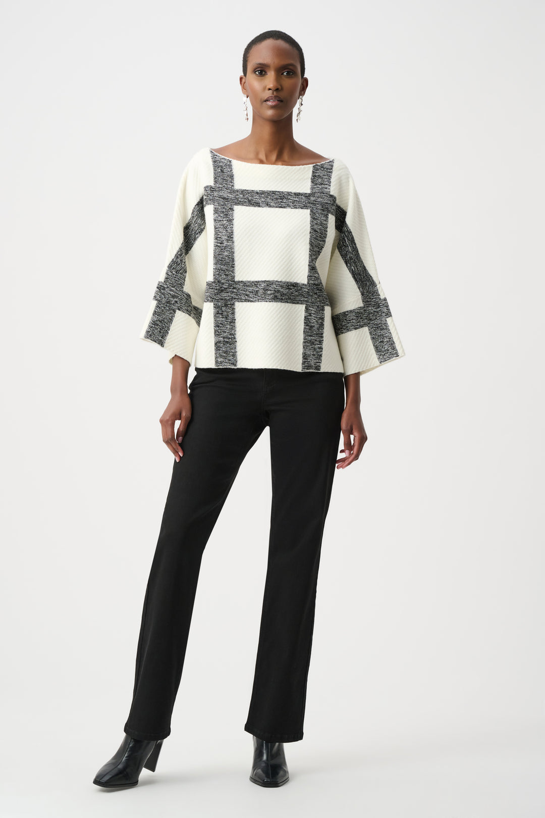 Brushed Viscose And Nylon Plaid Boat-Neck Sweater Style 263946