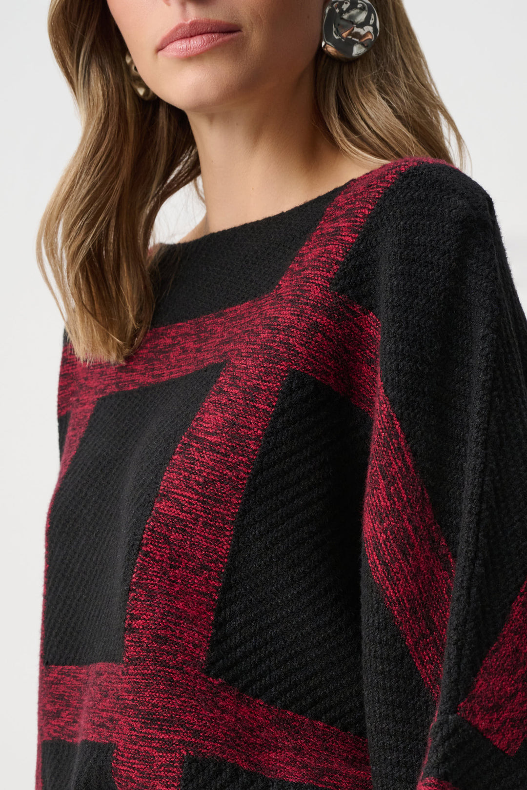 Brushed Viscose And Nylon Plaid Boat-Neck Sweater Style 263946
