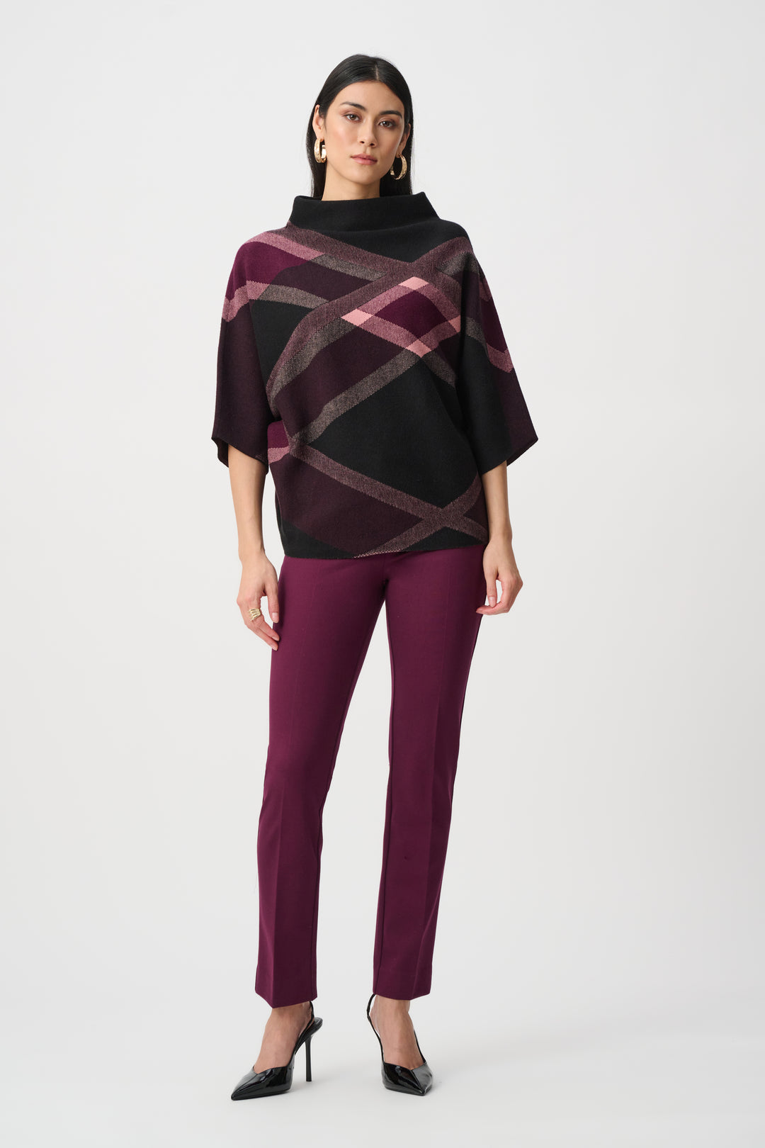 Brushed Viscose And Nylon Plaid Funnel-Neck Sweater Style 263947