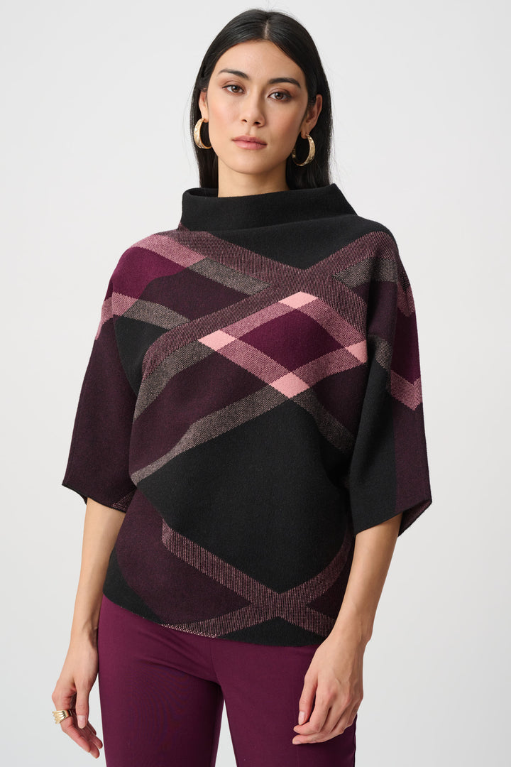 Brushed Viscose And Nylon Plaid Funnel-Neck Sweater Style 263947