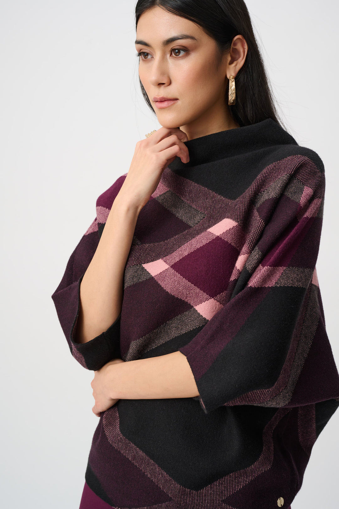 Brushed Viscose And Nylon Plaid Funnel-Neck Sweater Style 263947