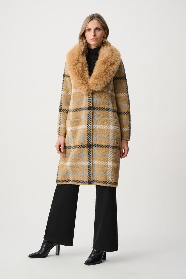Feather Yarn Plaid Coat With Detachable Faux Fur Collar Style 263954