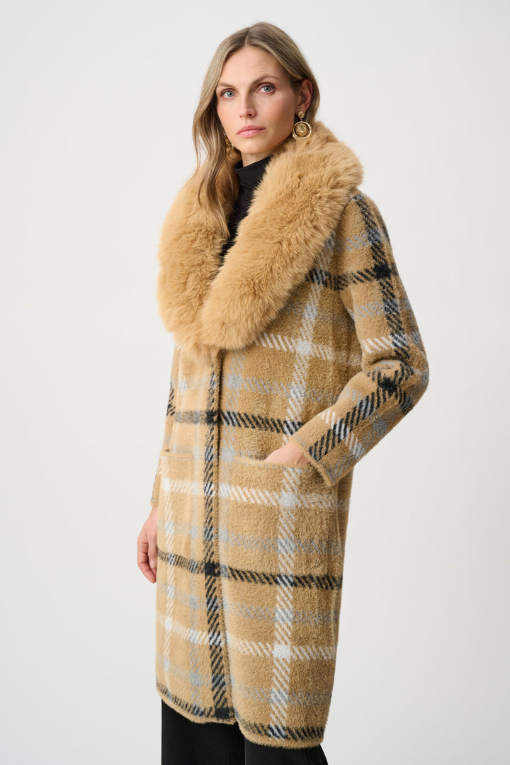Feather Yarn Plaid Coat With Detachable Faux Fur Collar Style 263954
