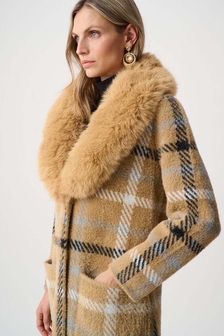 Feather Yarn Plaid Coat With Detachable Faux Fur Collar Style 263954