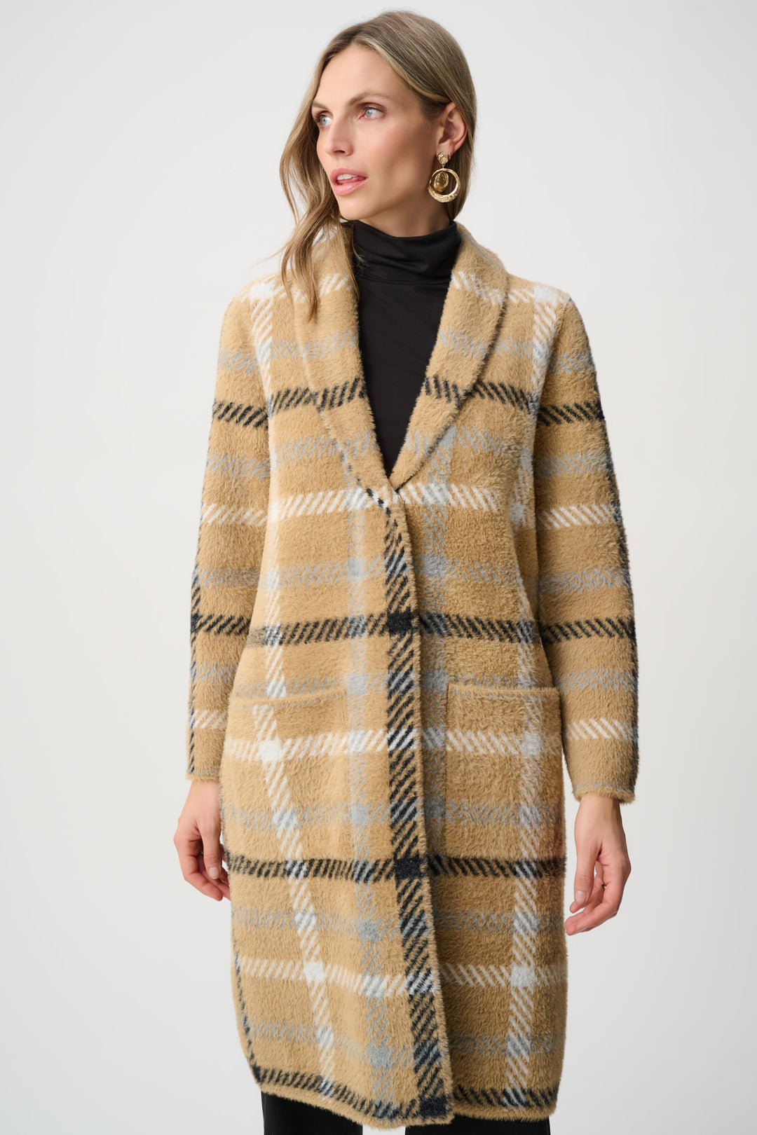 Feather Yarn Plaid Coat With Detachable Faux Fur Collar Style 263954