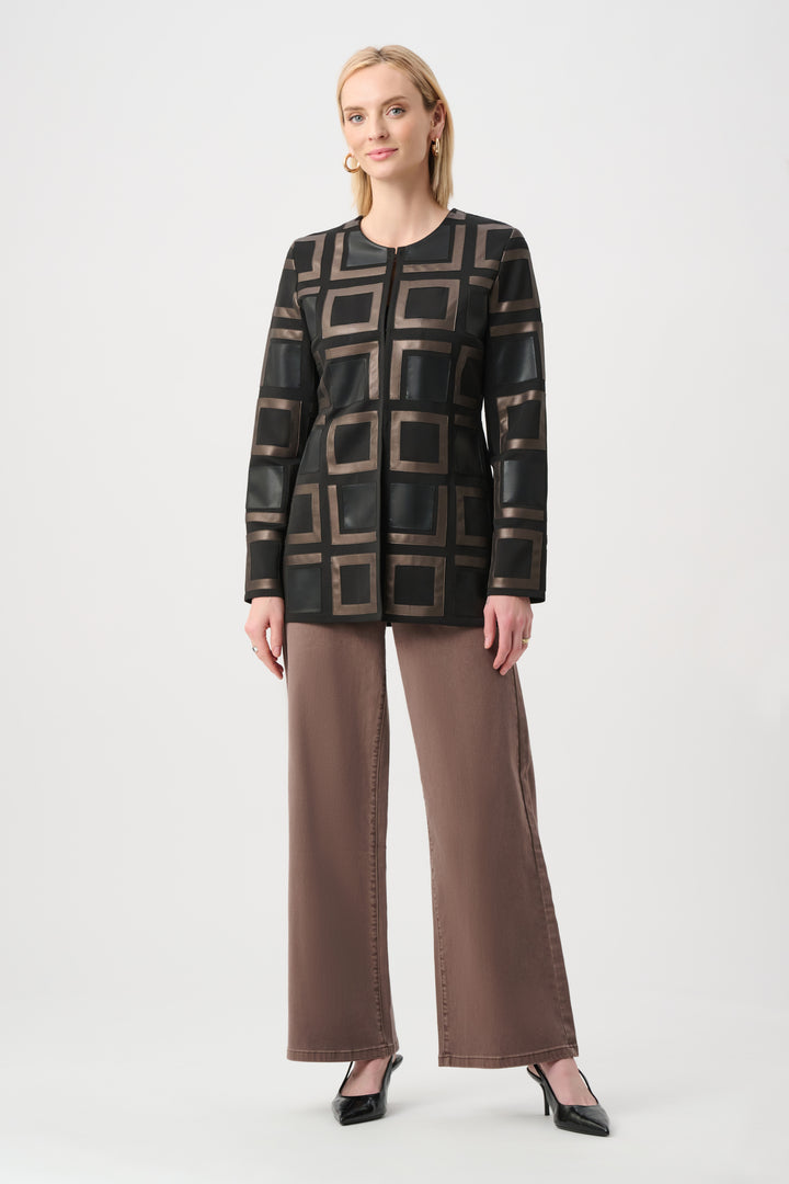Leatherette and Scuba Collarless Two-Tone Jacket Style 263963