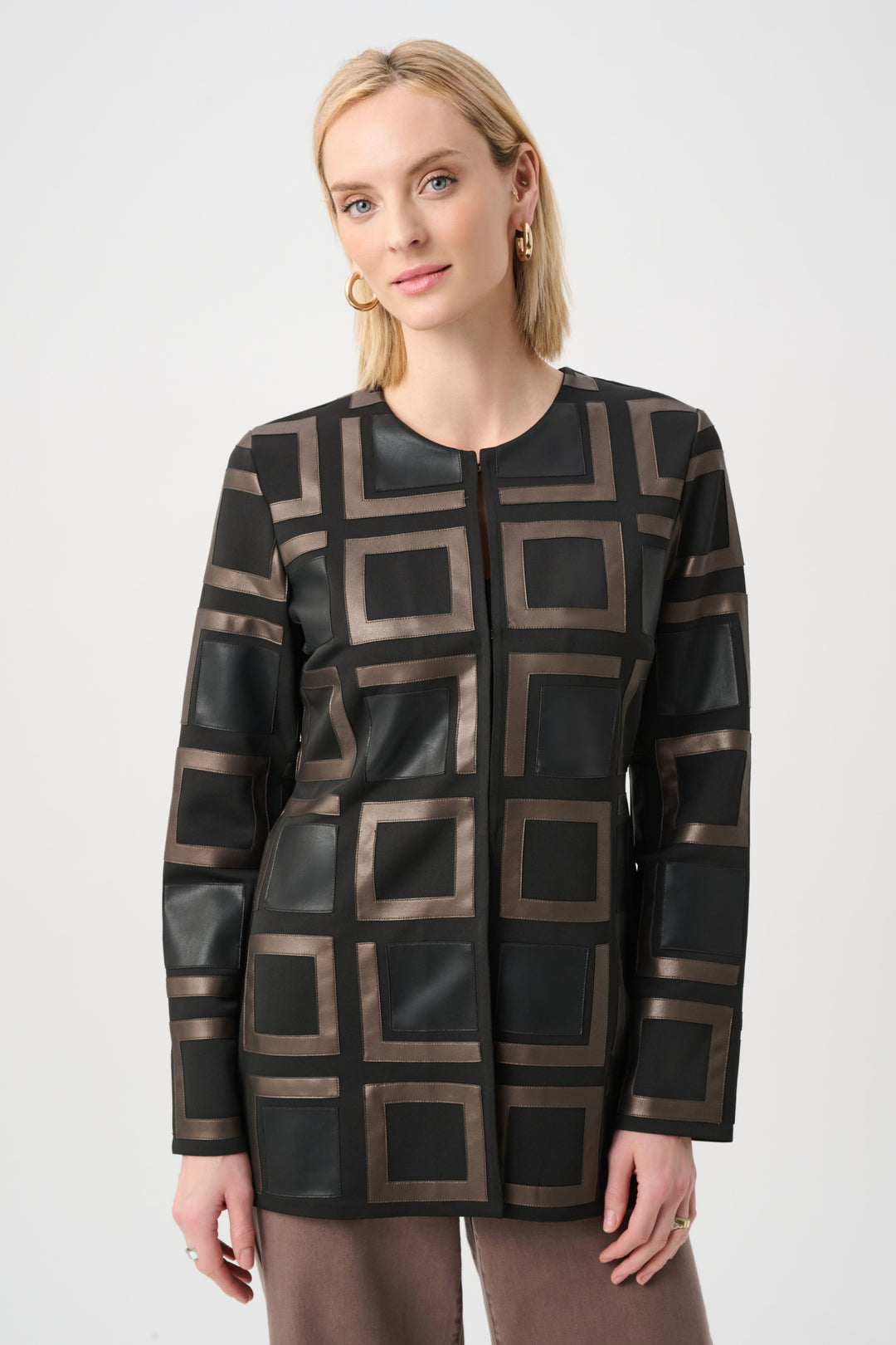 Leatherette and Scuba Collarless Two-Tone Jacket Style 263963