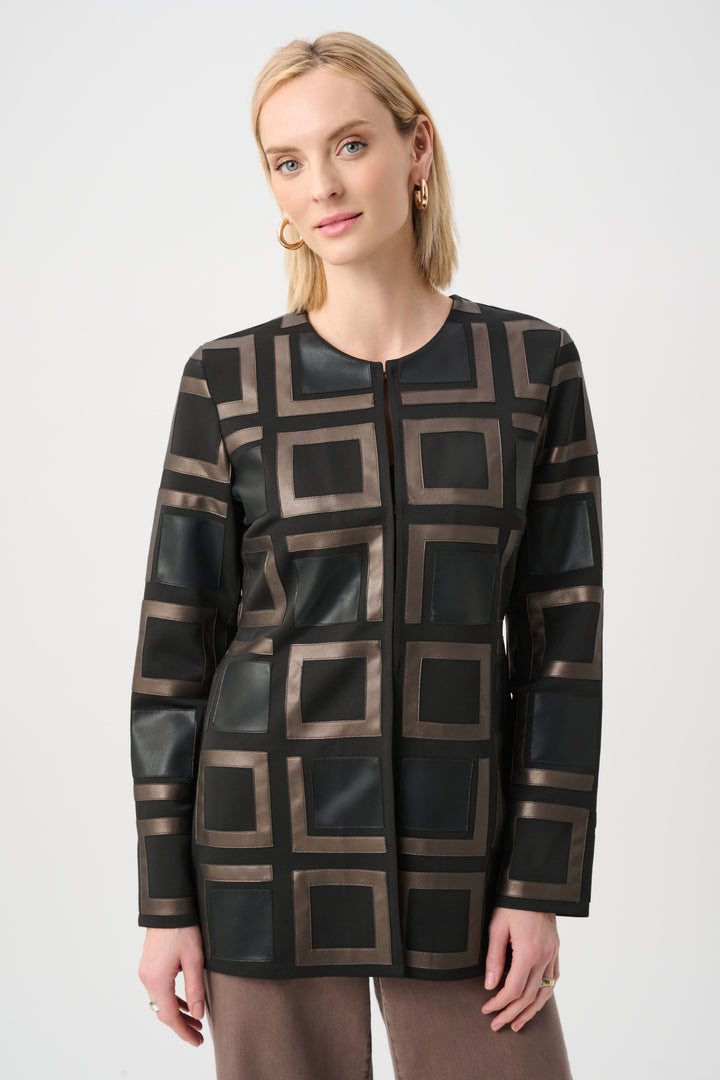 Leatherette and Scuba Collarless Two-Tone Jacket Style 263963