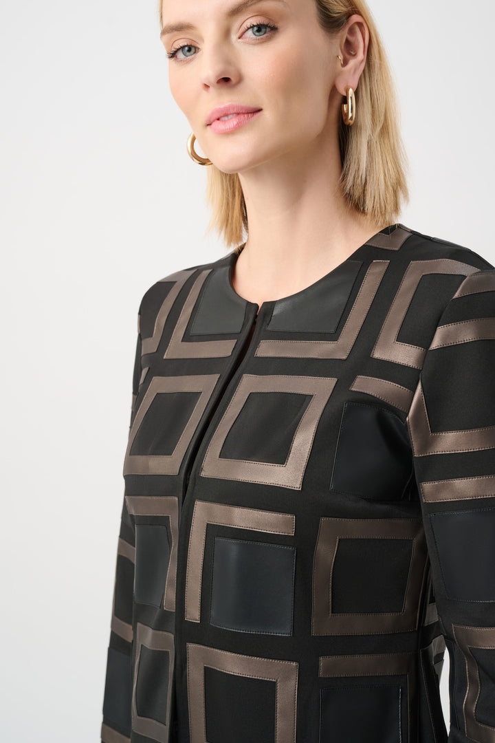 Leatherette and Scuba Collarless Two-Tone Jacket Style 263963