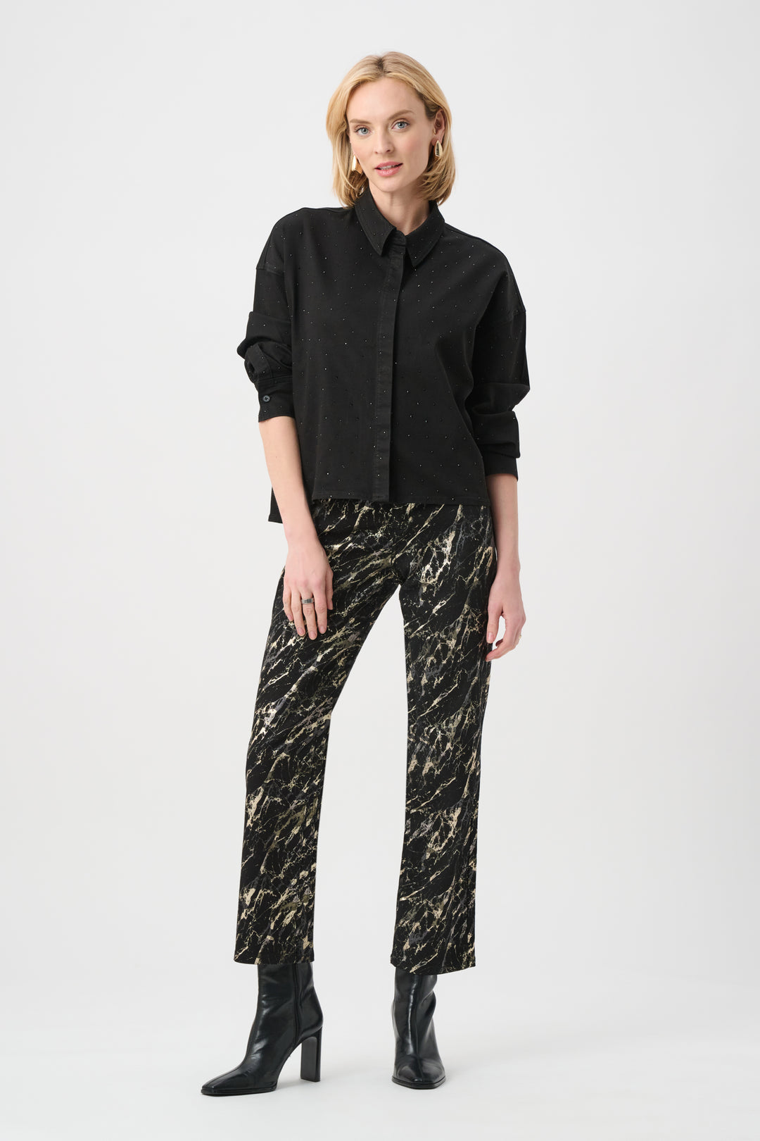 Featherweave Denim Cropped Blouse With Rhinestone Detail Style 263965