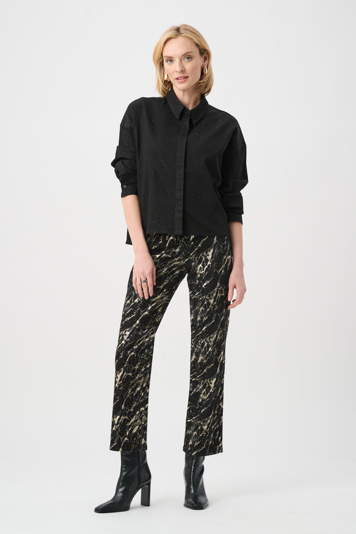 Featherweave Denim Cropped Blouse With Rhinestone Detail Style 263965