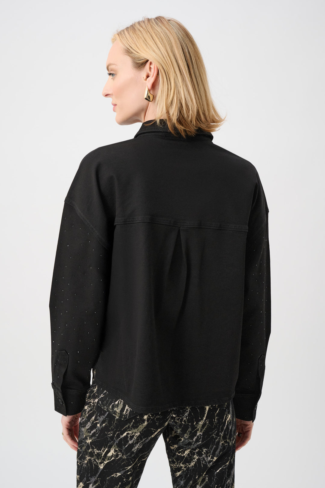 Featherweave Denim Cropped Blouse With Rhinestone Detail Style 263965