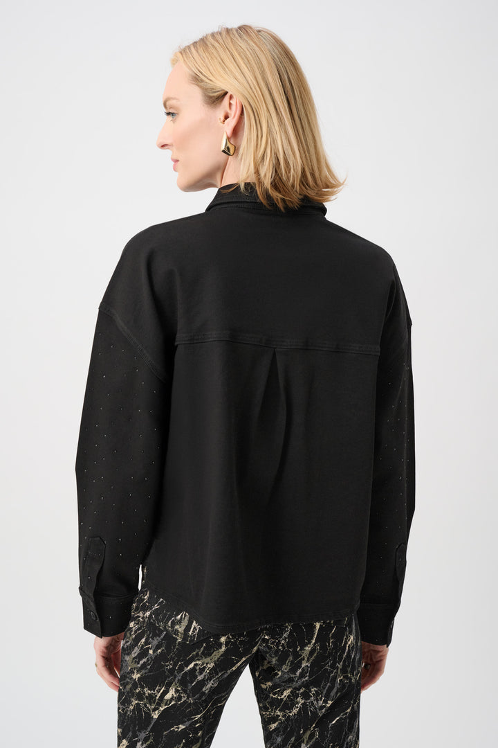Featherweave Denim Cropped Blouse With Rhinestone Detail Style 263965