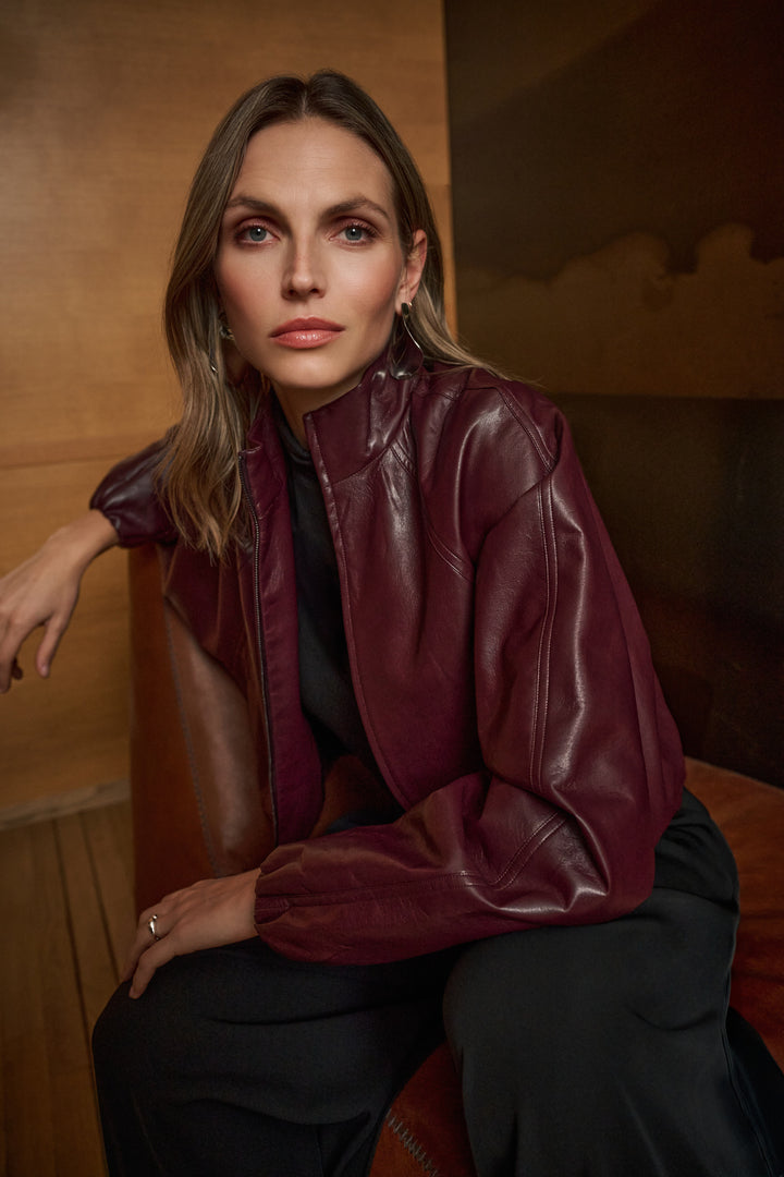 Leatherette Mock-Neck Bomber Jacket Style 263971