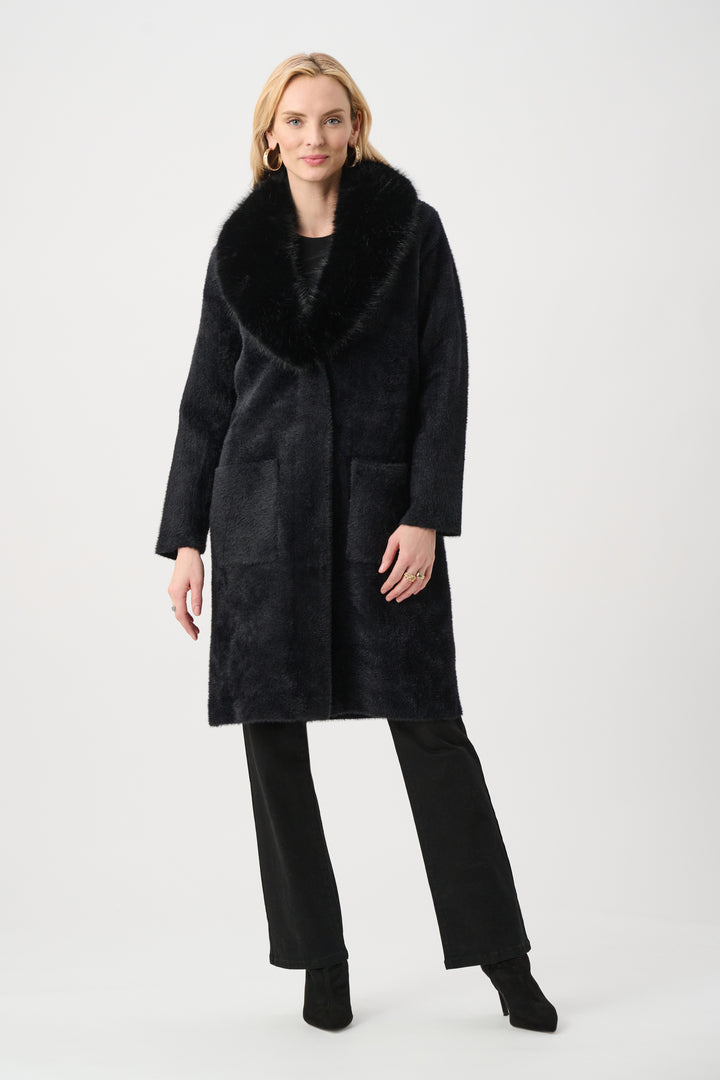 Feather Yarn Knit Coat With Detachable Faux Fur Collar Style 263973