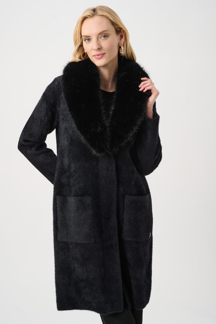 Feather Yarn Knit Coat With Detachable Faux Fur Collar Style 263973