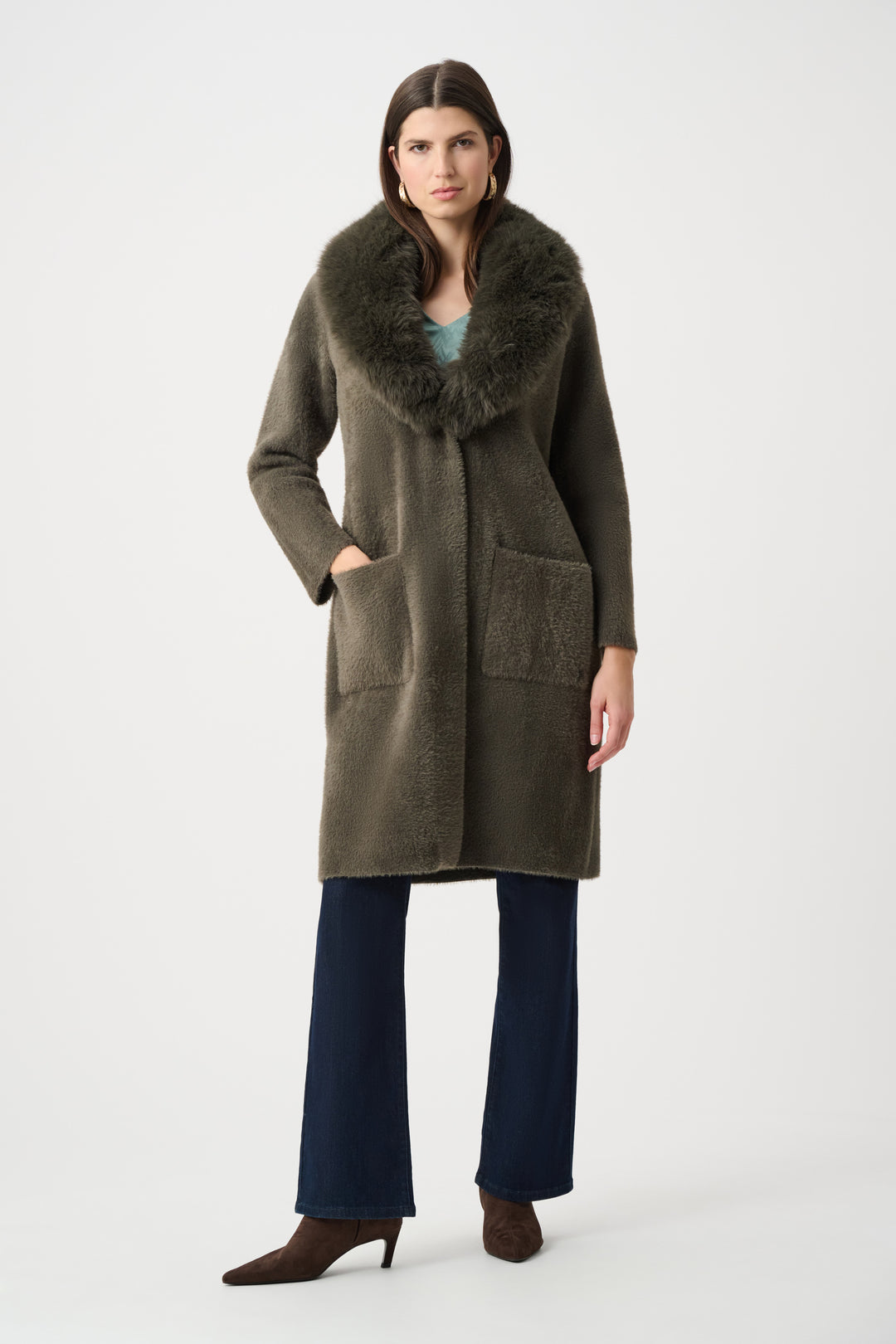 Feather Yarn Knit Coat With Detachable Faux Fur Collar Style 263973