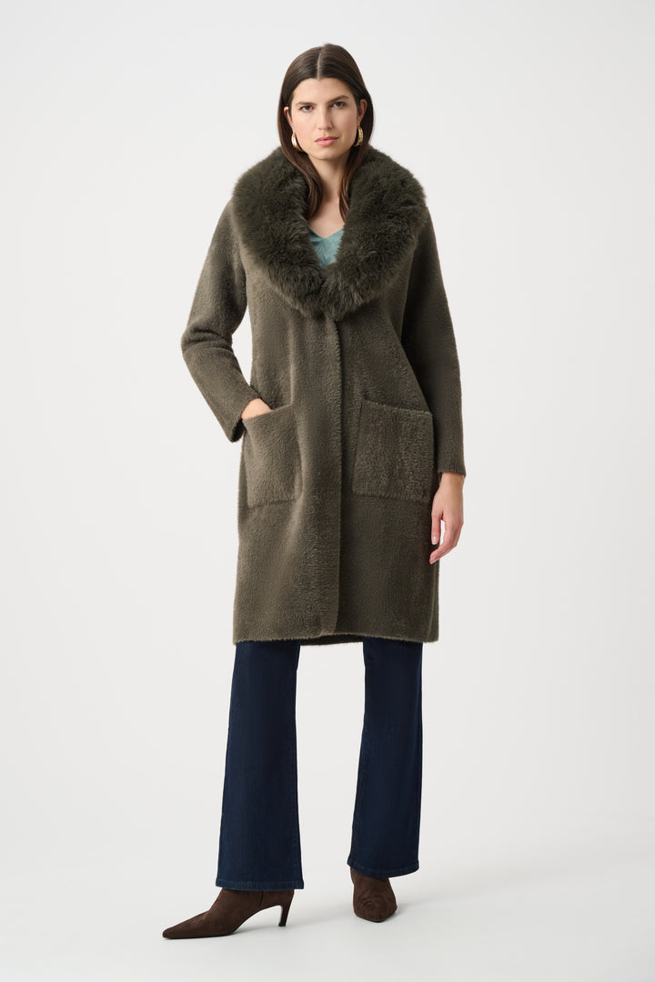 Feather Yarn Knit Coat With Detachable Faux Fur Collar Style 263973