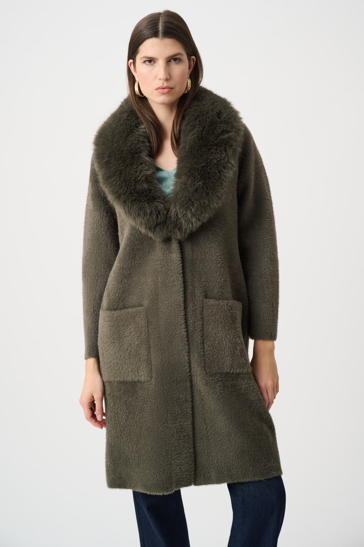 Feather Yarn Knit Coat With Detachable Faux Fur Collar Style 263973
