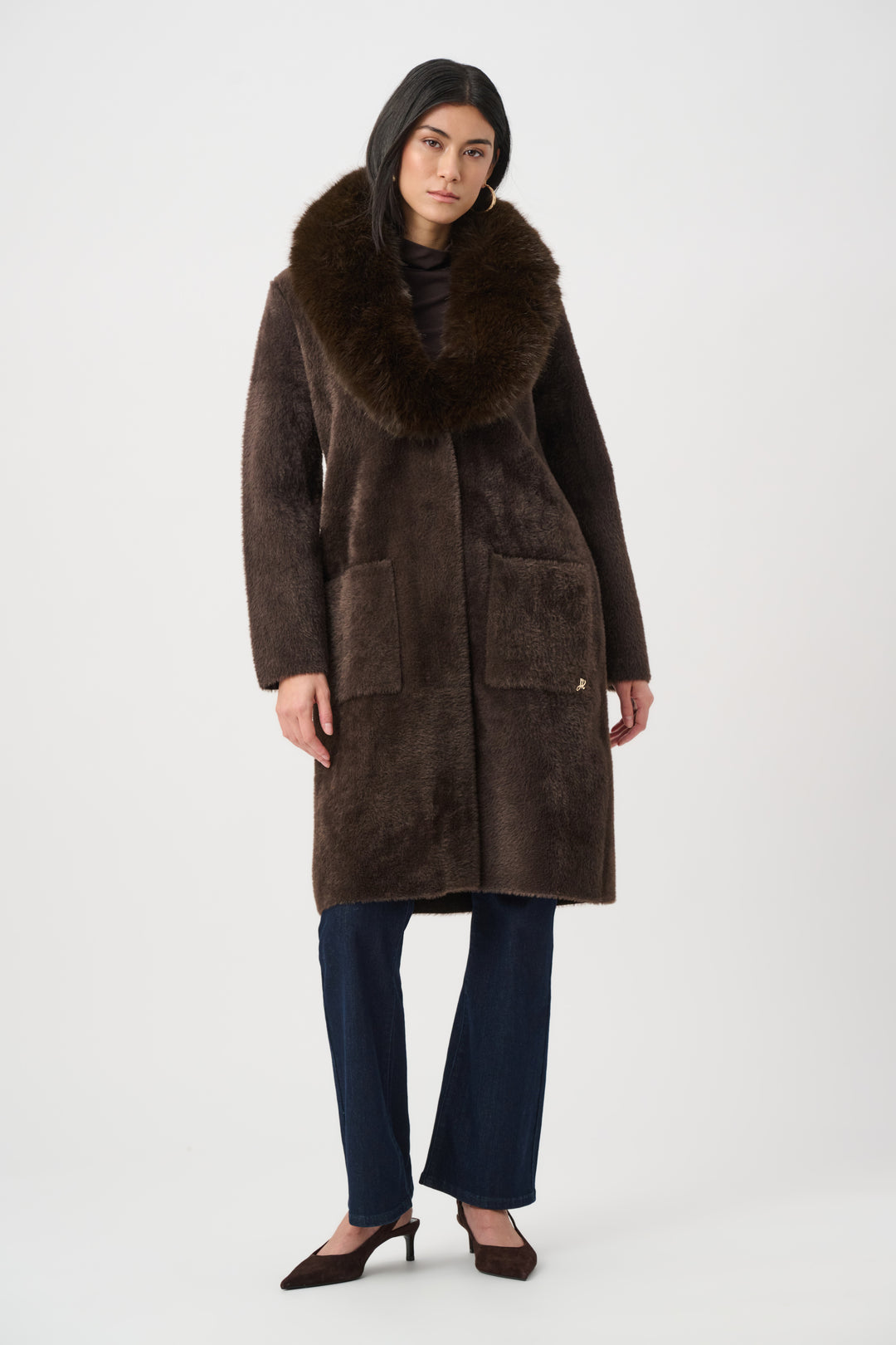 Feather Yarn Knit Coat With Detachable Faux Fur Collar Style 263973