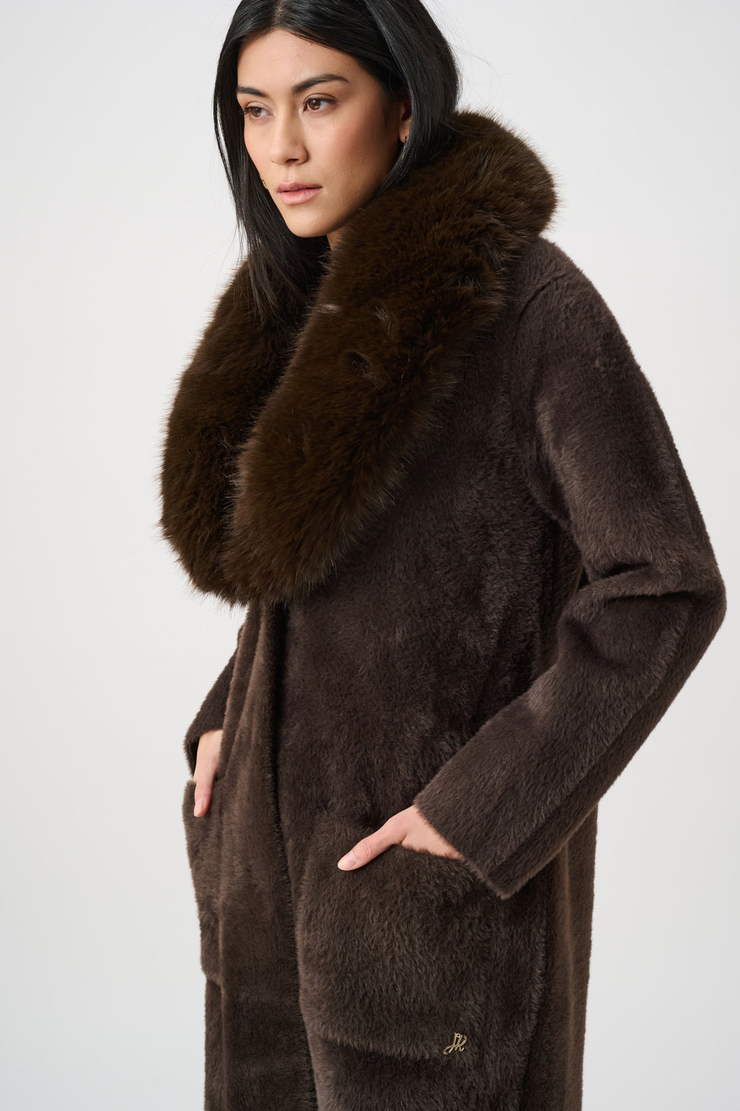 Feather Yarn Knit Coat With Detachable Faux Fur Collar Style 263973