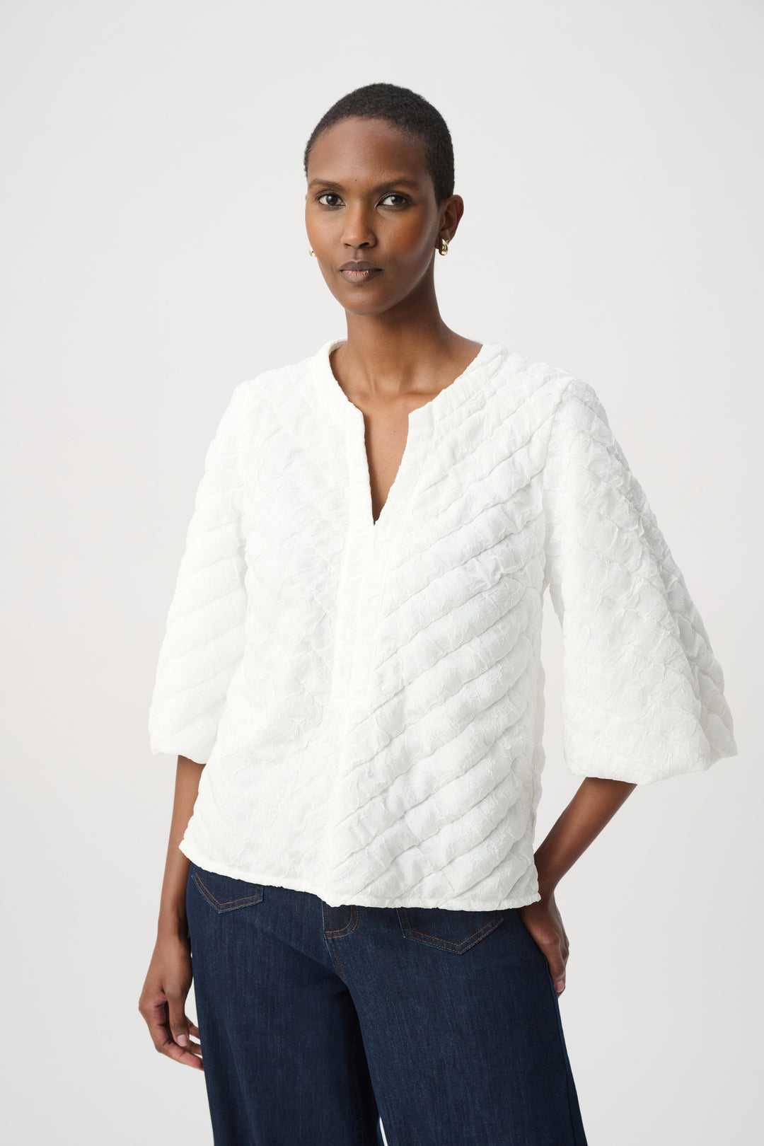Textured Puff Sleeve V-Neck Top 264020