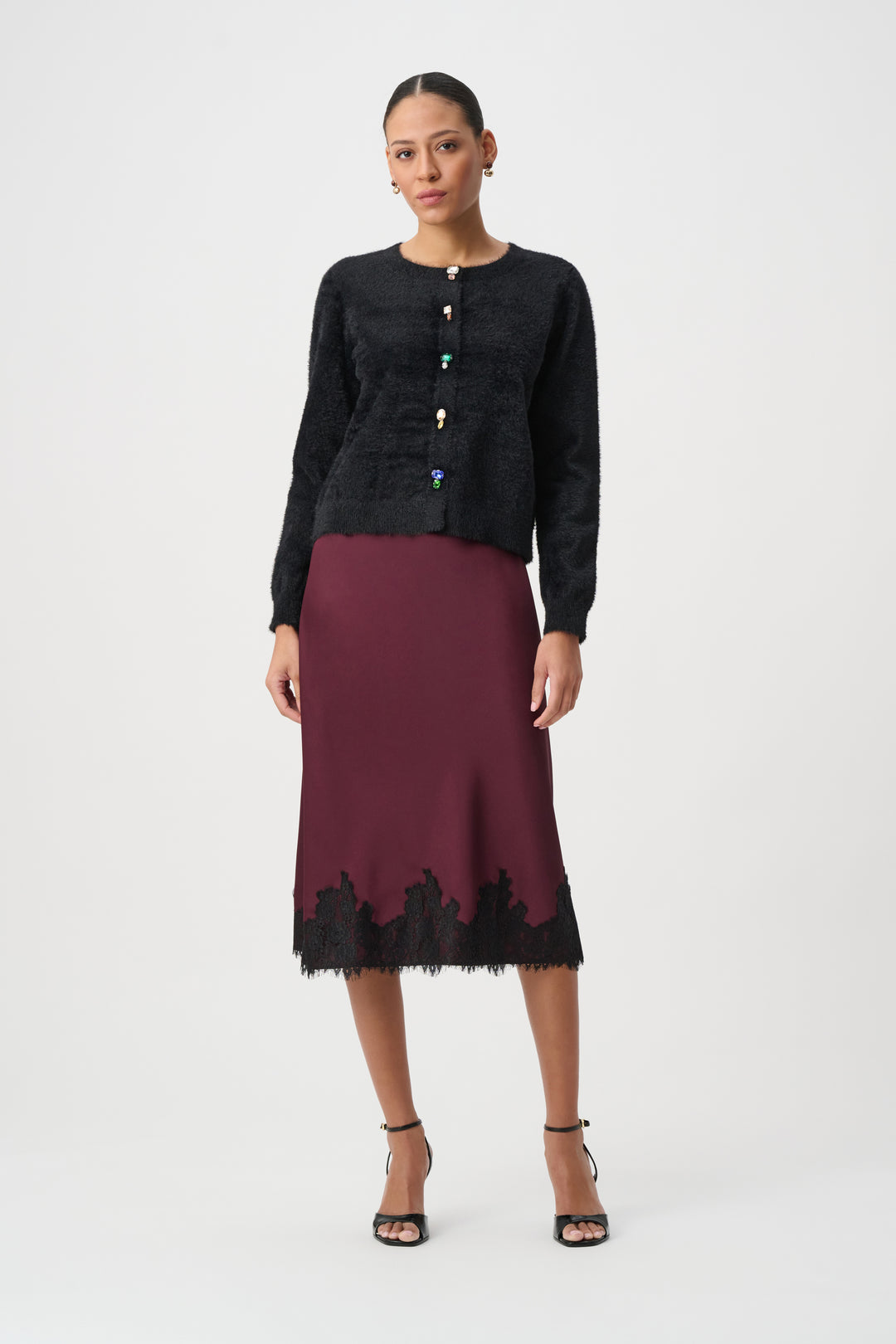 Recycled Satin Lace Trim Midi Skirt 264037