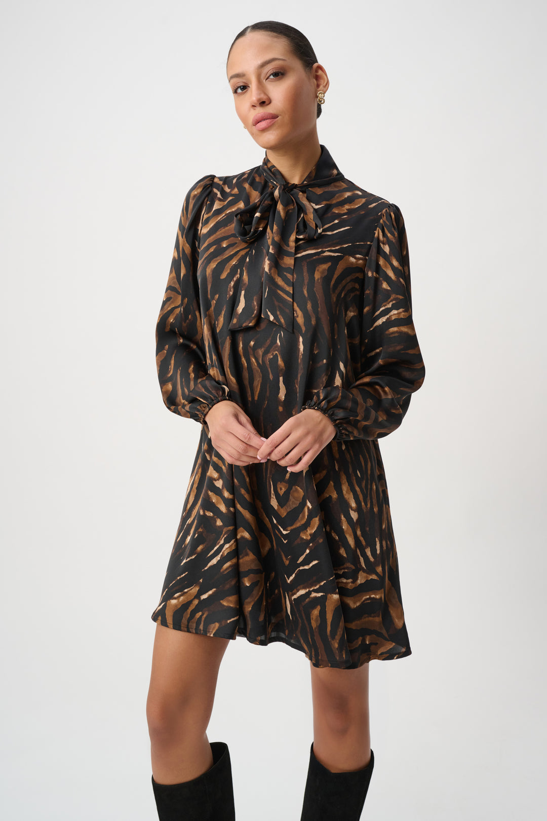 Animal Print Tie-Neck Trapeze Dress 264139