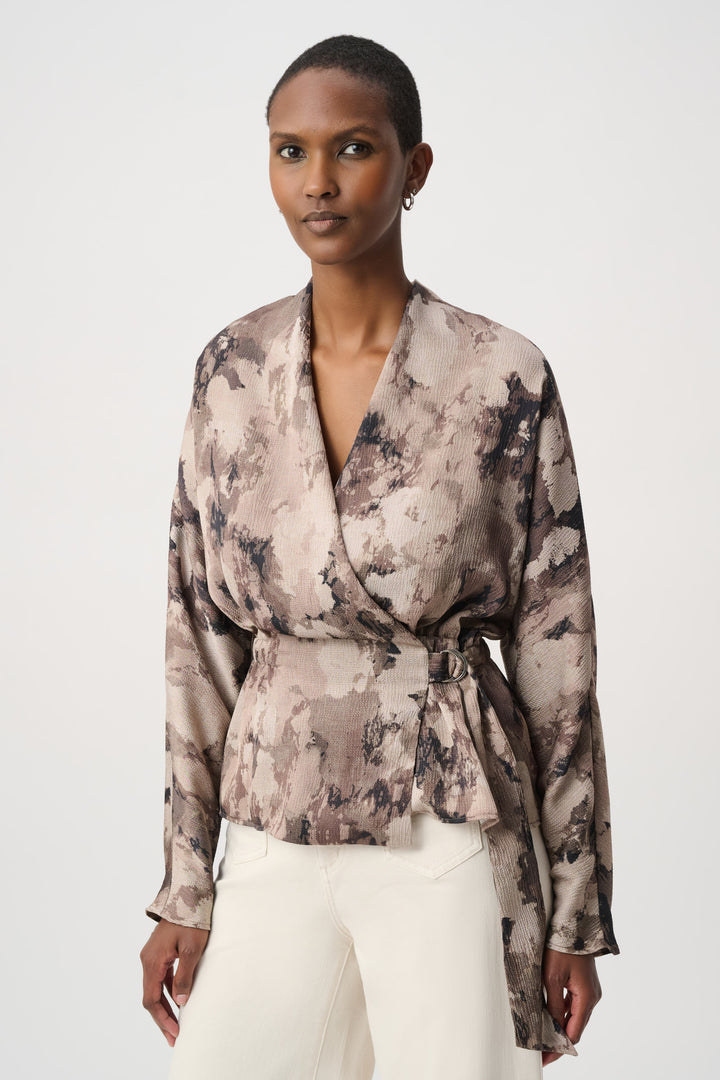 Abstract Print Satin Wrap Top 264149