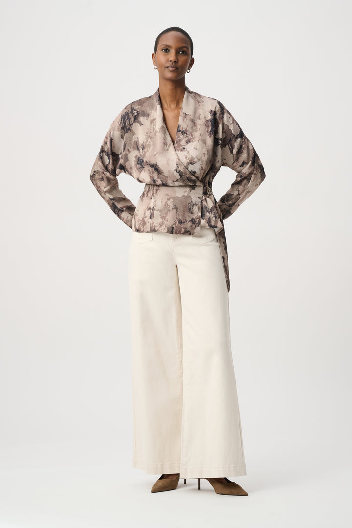 Abstract Print Satin Wrap Top 264149