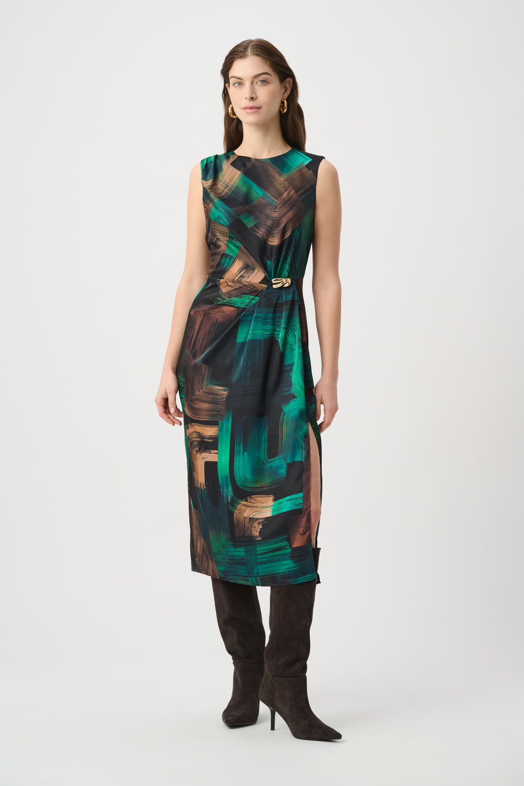 Abstract Print Satin Sleeveless Sheath Dress 264202