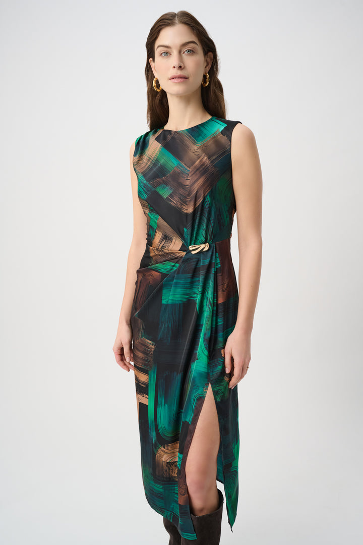 Abstract Print Satin Sleeveless Sheath Dress 264202