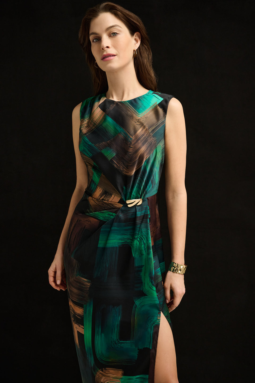Abstract Print Satin Sleeveless Sheath Dress 264202