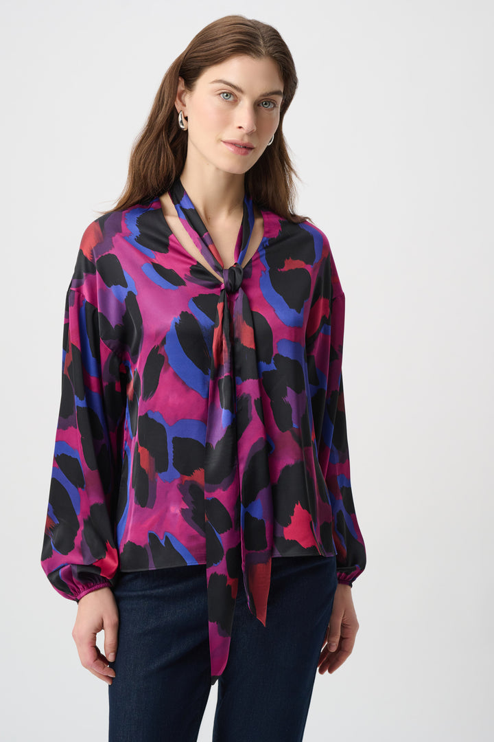 Animal Print Satin Tie-Neck Top 264206
