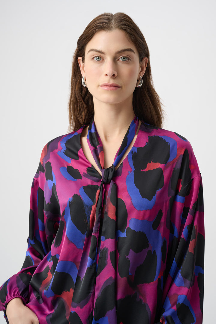 Animal Print Satin Tie-Neck Top 264206