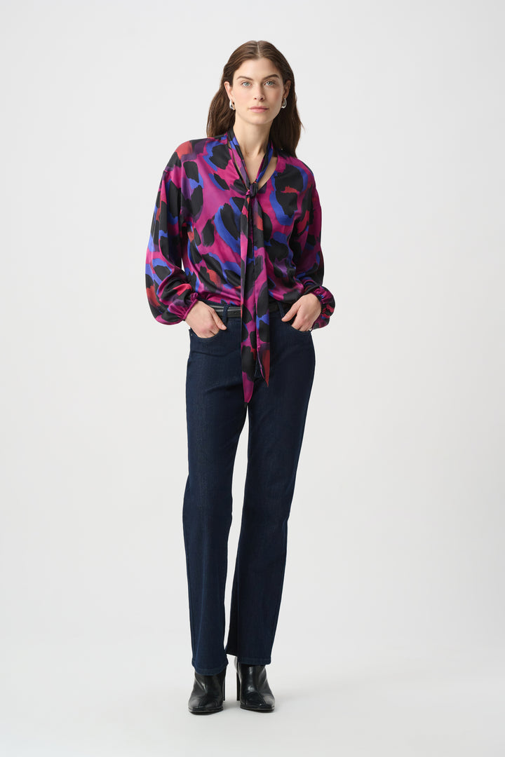 Animal Print Satin Tie-Neck Top 264206