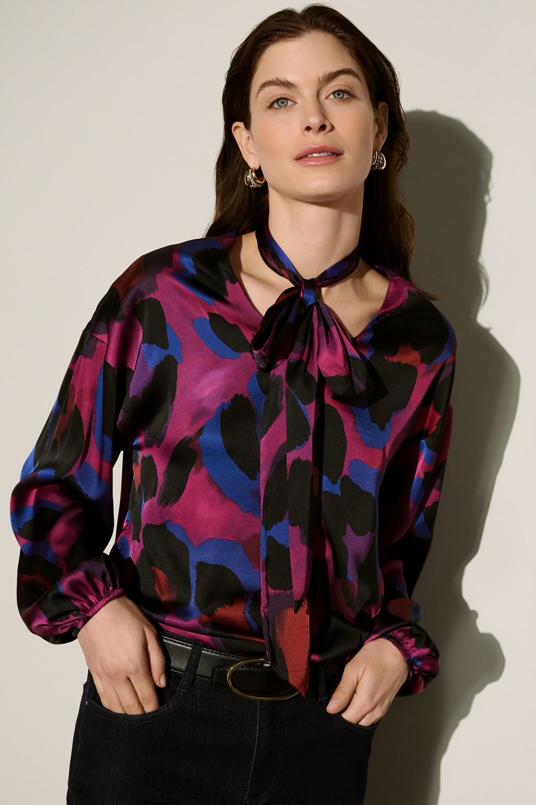 Animal Print Satin Tie-Neck Top 264206