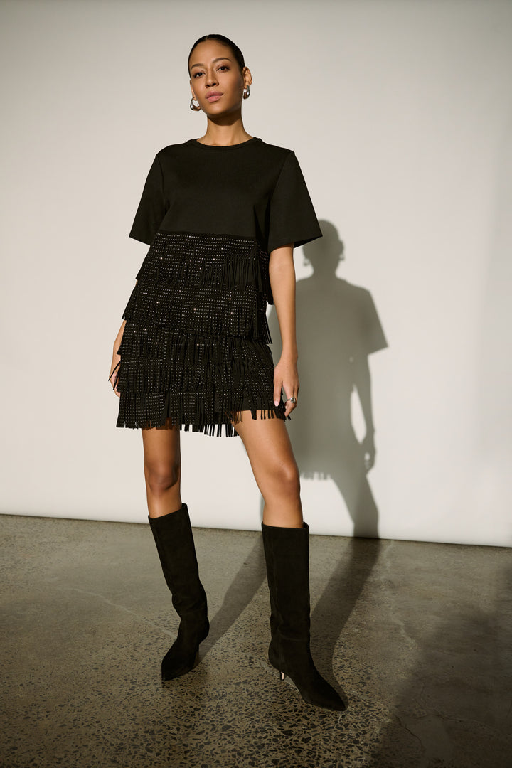 Faux Suede Rhinestone Fringe Skirt 264918