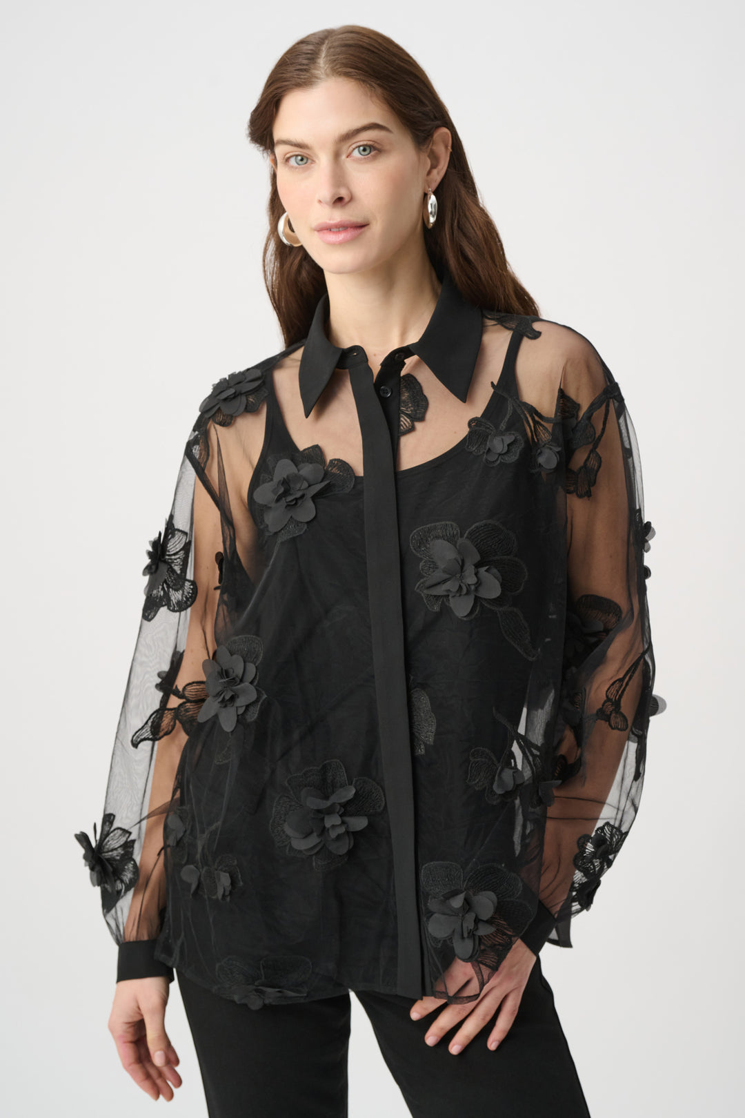 Sheer Textured Flower Appliqué Blouse 264945