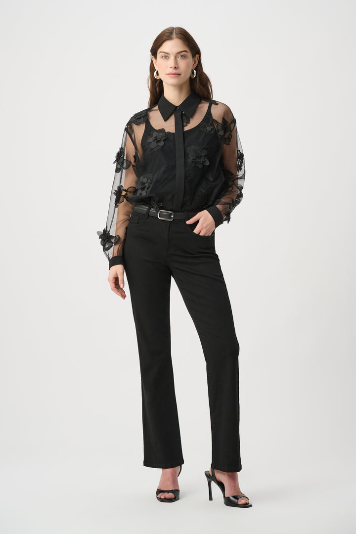 Sheer Textured Flower Appliqué Blouse 264945