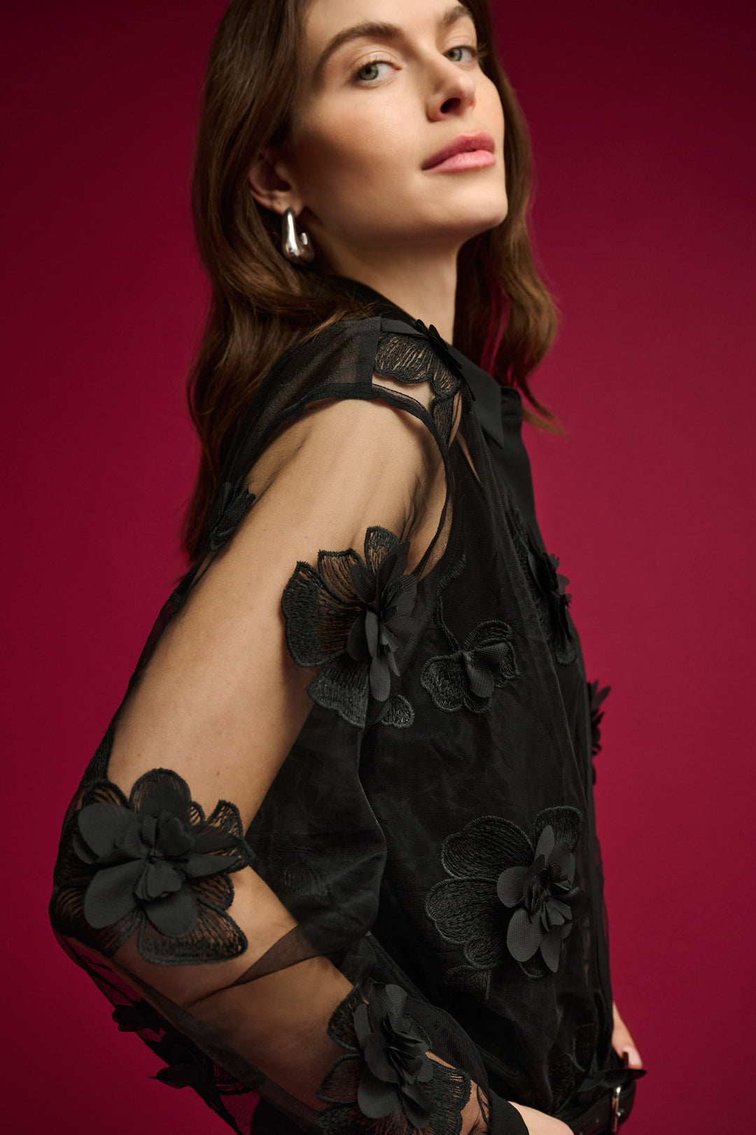 Sheer Textured Flower Appliqué Blouse 264945