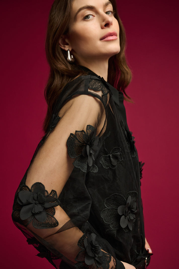 Sheer Textured Flower Appliqué Blouse 264945