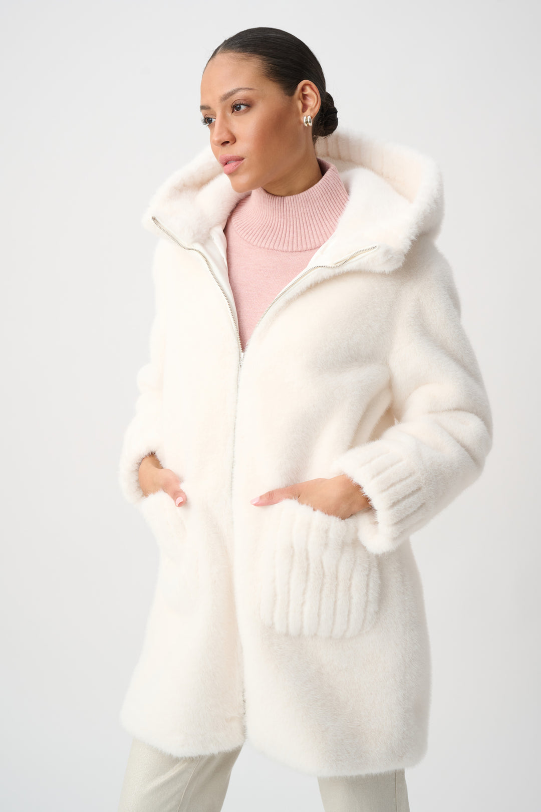 Knit Faux Fur Hooded Coat 264947